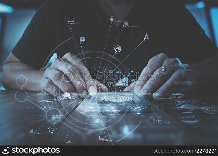 businessman hand working with modern smartphone computer in modern office with virtual icon diagram