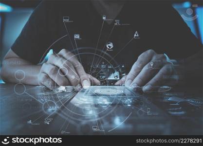 businessman hand working with modern smartphone computer in modern office with virtual icon diagram