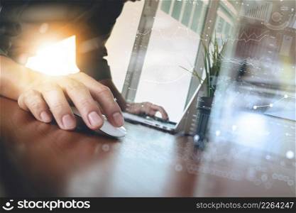 businessman hand working with modern technology and glass of water as business strategy concept