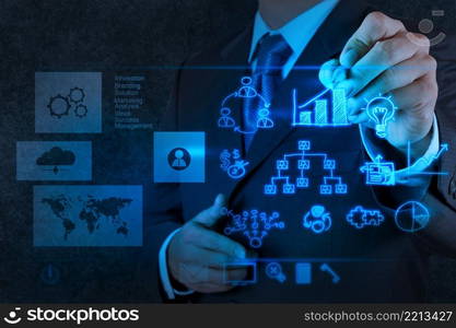 businessman hand working with new modern computer and business strategy as concept