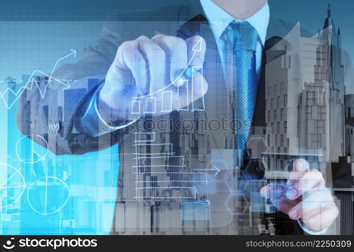 businessman hand working with new modern computer and business strategy as concept