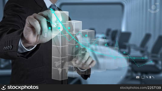 businessman hand working with new modern computer and business strategy as concept