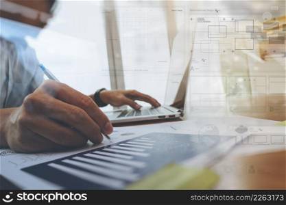 businessman hand working with new modern computer and digital business strategy diagram as concept