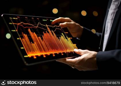 businessman hand working with tablet computer and stock market chart on screen