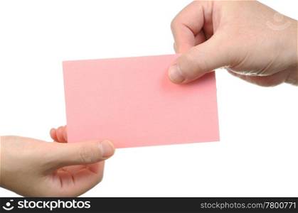Businessman handing empty pink business card
