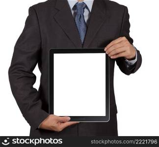 businessman hands holding a tablet computer gadget with isolated screen