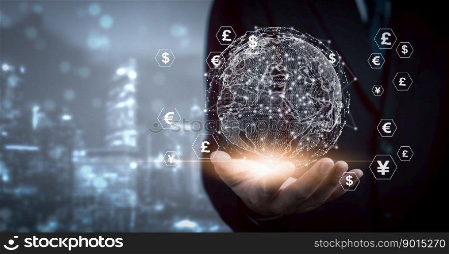 Businessman hands virtual world online banking payment finance internet currency and digital exchange concept.