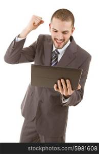 businessman happy using touch pad of tablet pc, isolated