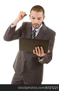 businessman happy using touch pad of tablet pc, isolated