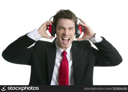 businessman headphones noise expression gesture isolated on white