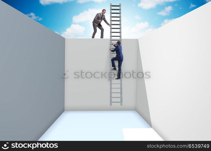 Businessman helping colleague to escape from problems