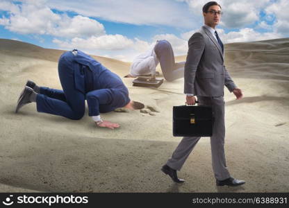 Businessman hiding his head in sand escaping from problems