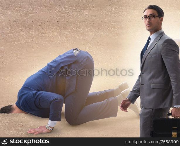 Businessman hiding his head in sand escaping from problems. The businessman hiding his head in sand escaping from problems
