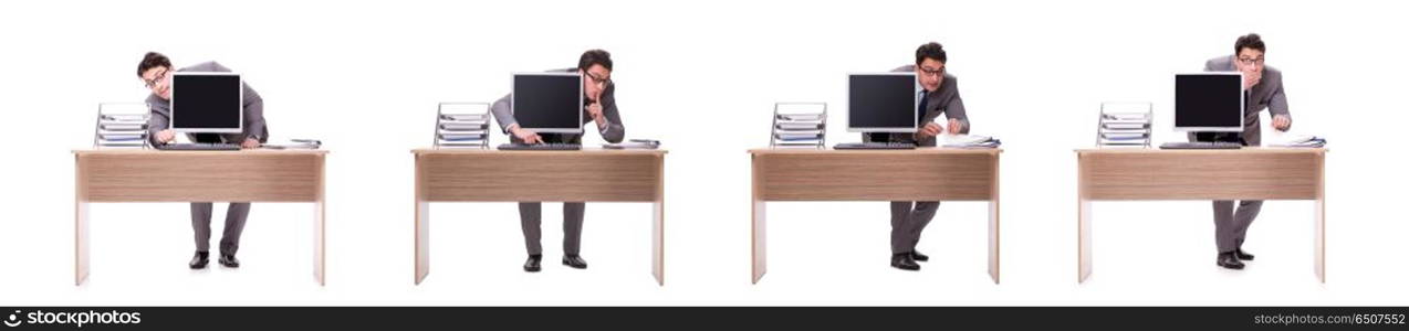 Businessman hiding in the office isolated on white