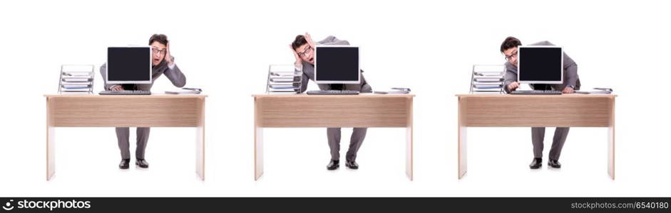 Businessman hiding in the office isolated on white