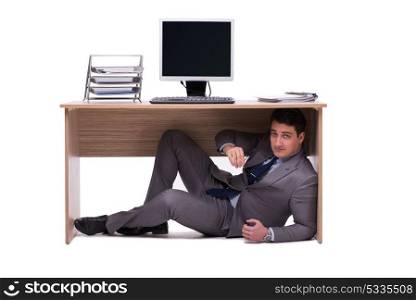 Businessman hiding in the ofice. The businessman hiding in the ofice
