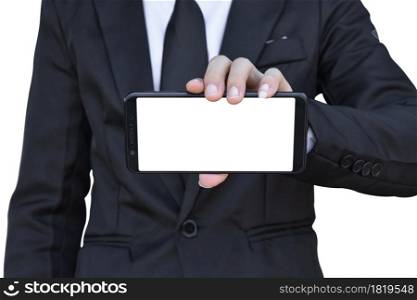 Businessman hold blank screen smartphone in hand, Isolated on white background with clipping path.