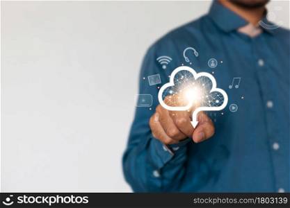 Businessman holding a cloud data icon with light. Computing data on network. Insurance Business computer security concept.