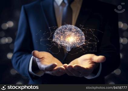Businessman holding a glowing brain in his hands.