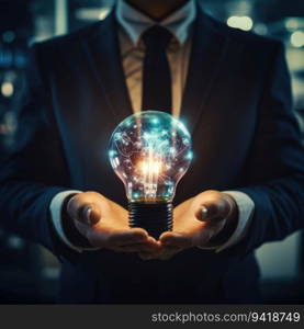 Businessman holding a glowing light bulb in his hands. Concept of new idea