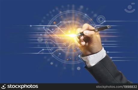 Businessman holding a pen pointing to an abstract destination Business growth concepts, social shifts, trade volatility and investment growth, planning for corporate success goals.