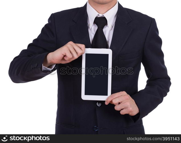 Businessman holding a small tablet touch computer isolated on white background