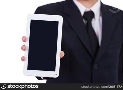 Businessman holding a small tablet touch computer isolated on white background