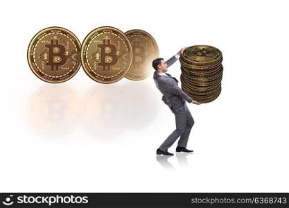 Businessman holding bitcoin in cryptocurrency blockchain concept