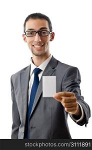Businessman holding blank message