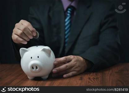 businessman holding coins putting in piggy bank. concept saving money for finance accounting.