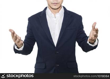 businessman holding copyspace on white background