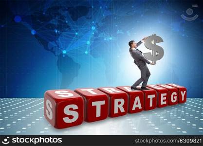 Businessman holding dollar sign in strategy concept