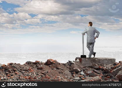 Businessman holding hammer. Rear view of determined businessman with big hammer in hands