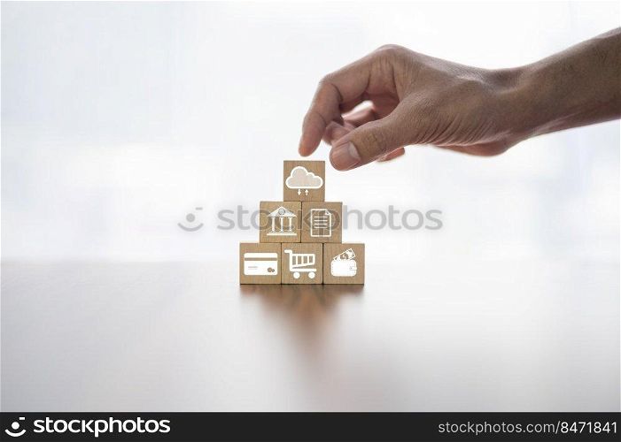 Businessman holding icon cloud computing network and icon connection data information in hand. Cloud computing and technology concept.