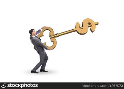 Businessman holding key to financial success and prosperity