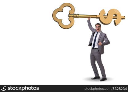 Businessman holding key to financial success and prosperity