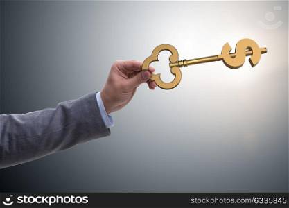 Businessman holding key to financial success and prosperity