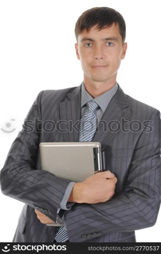 Businessman holding notebook. Isolated on white background