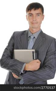 Businessman holding notebook. Isolated on white background