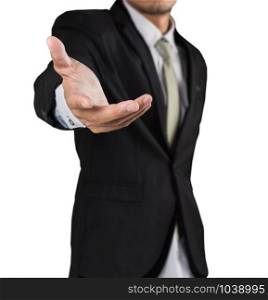 Businessman holding open hand, giving showing concept isolate on white background