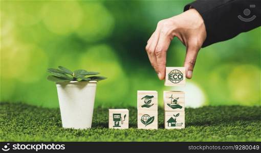 Businessman holding plant pot with ECO cube symbol. Forest regeneration and natural awareness. Ethical green business with eco-friendly policy utilizing renewable energy to preserve ecology. Alter. Businessman holding plant pot with ECO cube symbol. Alter