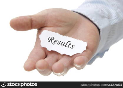 Businessman holding results note with white copy space