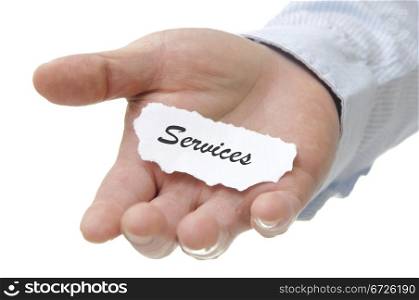 Businessman holding services note with white copy space