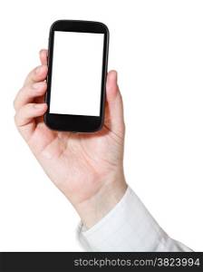 businessman holding smart phone with cut out screen isolated on white background