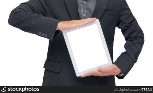 Businessman holding tablet . Businessman holding tablet in black suit on white background