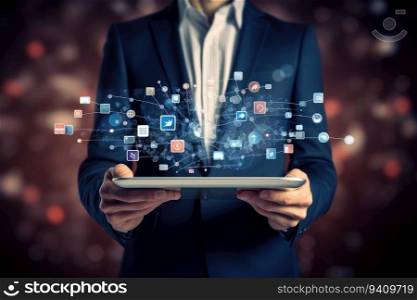Businessman holding tablet with technology icons and symbols concept on the background