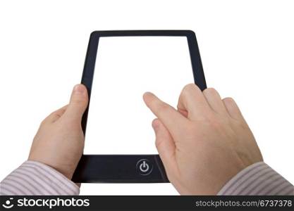 businessman holding touchpad computer with blank screen