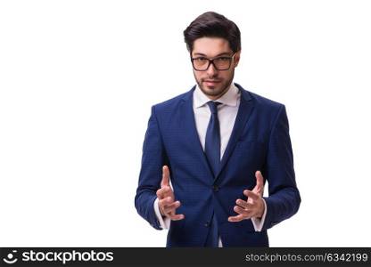 Businessman holding virtual object isolated on the white