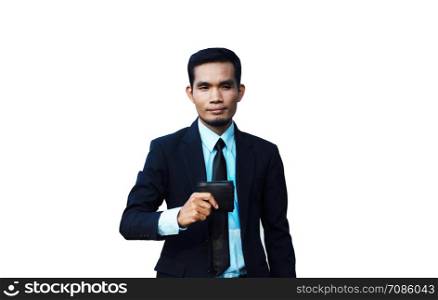 Businessman holding Wallet money on White Background