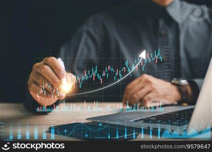 Businessman holds a digital pen, pointing to a growing virtual hologram stock on a smartphone. Stock market concept for business growth and success. Invest in trading with planning and strategy.